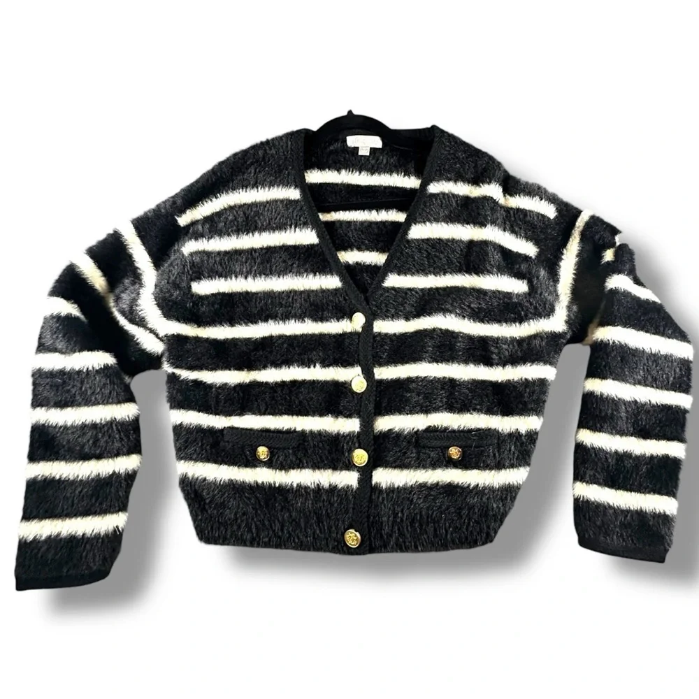 J.Crew Sweater Lady Jacket Striped Brushed Yarn Size XS Gold Button Black/White